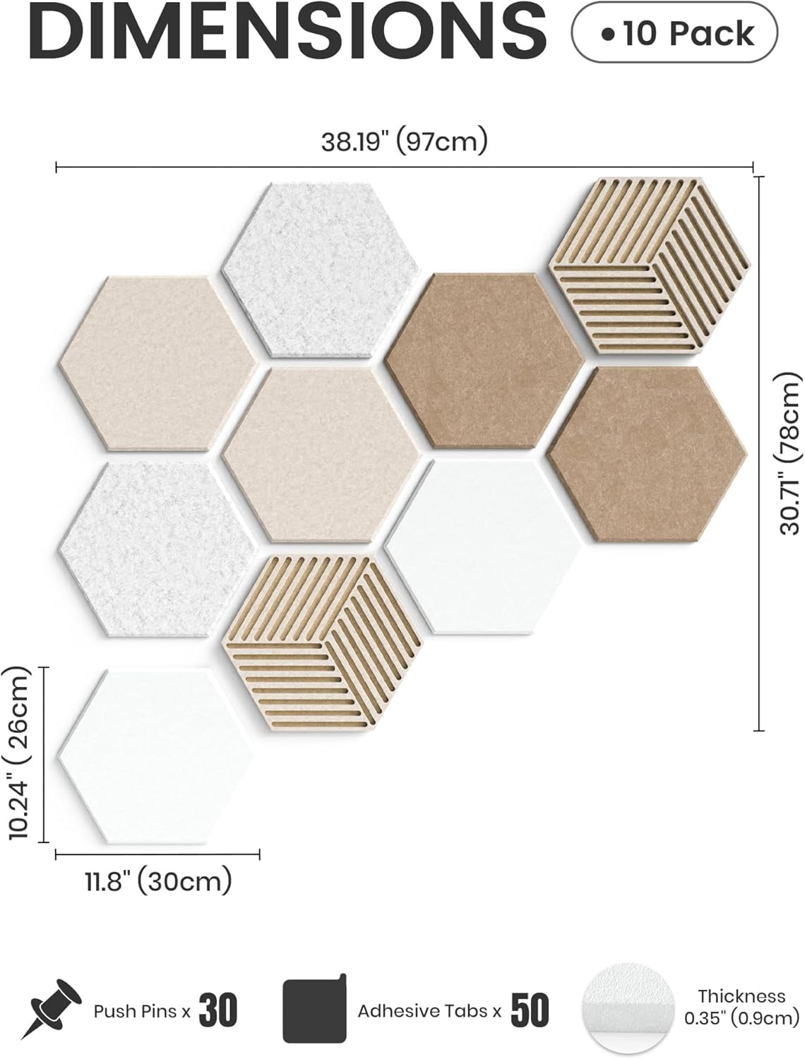 10 Pack Hexagon Cork Board, 12" x 10" Self-Adhesive Felt Bulletin Board Tiles with 40 Pushpins, Pin Boards for Wall Decor Home Office School DIY Display Boards for Photos