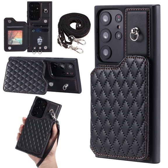 Case for Samsung Galaxy S23 Ultra, Detachable Crossbody Strap Wallet Case with Card Slots, Stand Ring Flip PU Leather Protective Cover Lanyard for Women for Samsung Galaxy S23 Ultra, Black