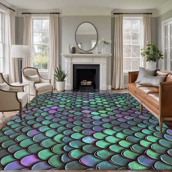 Area Rug for Living Room, Coastal Teal Green Non-Slip Indoor Large Carpet for Bedroom/Dining Room, Modern Ocean Mermaid Scales Washable Low-Profile Rectangle Floor Runner Rugs - 6 x 9 Ft