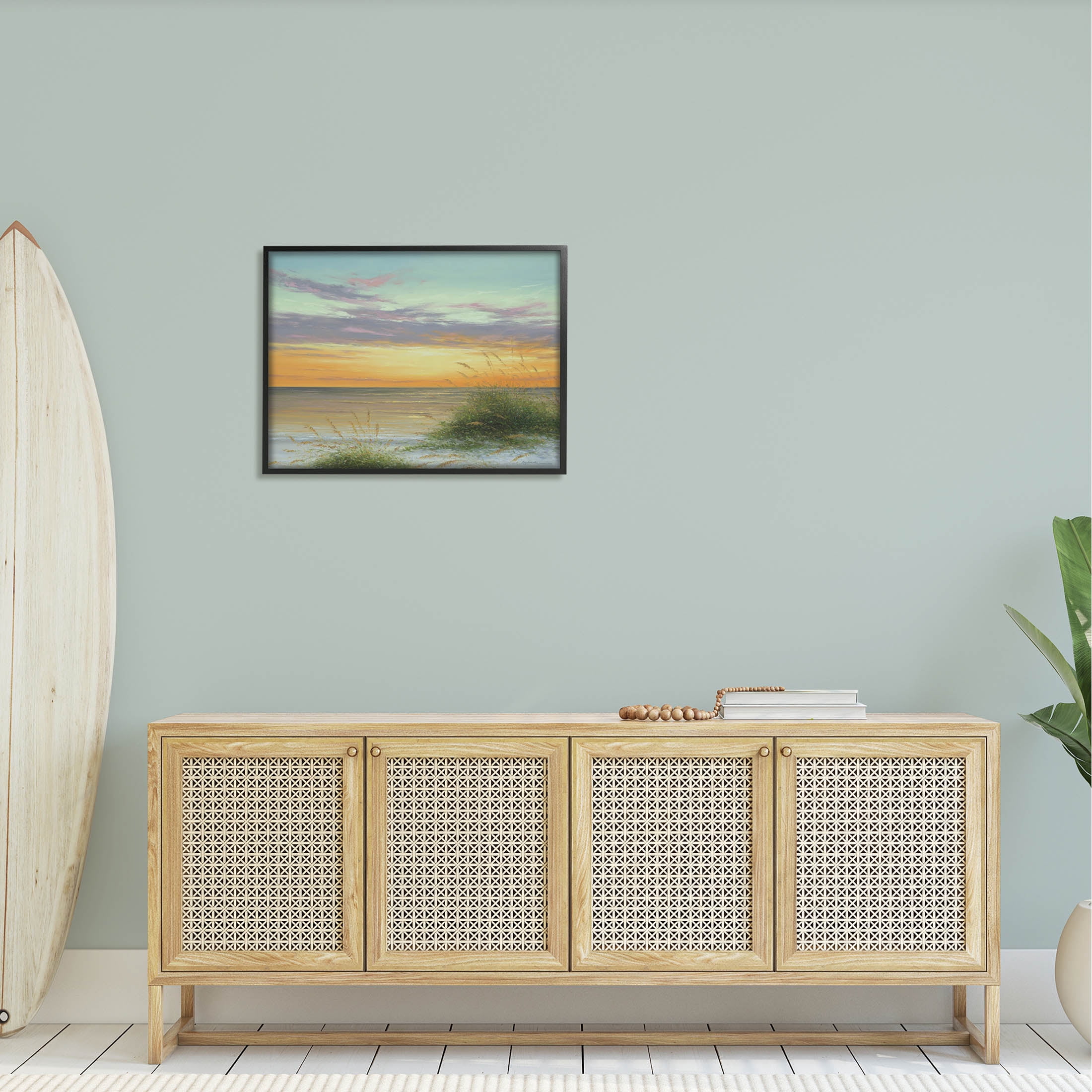 Coastal Reeds Sunset Beach Shore Coastal Painting Black Framed Art Print Wall Art