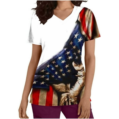 

Women s 4th of July Shirts Summer US Flag V Neck Short Sleeve with Pockets Nurse Working Uniform Scrub Tops