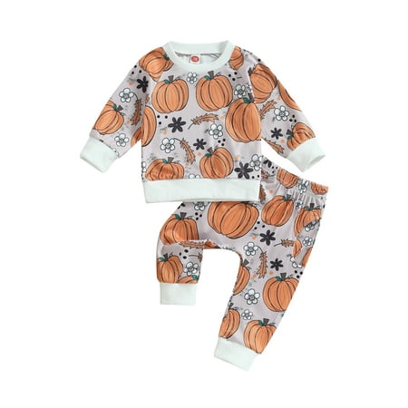 

Qtinghua Infant Baby Girls Halloween Outfits Pumpkin Print Crew Neck Long Sleeve Sweatshirt and Long Pants 2Pcs Fall Clothes Orange 6-12 Months