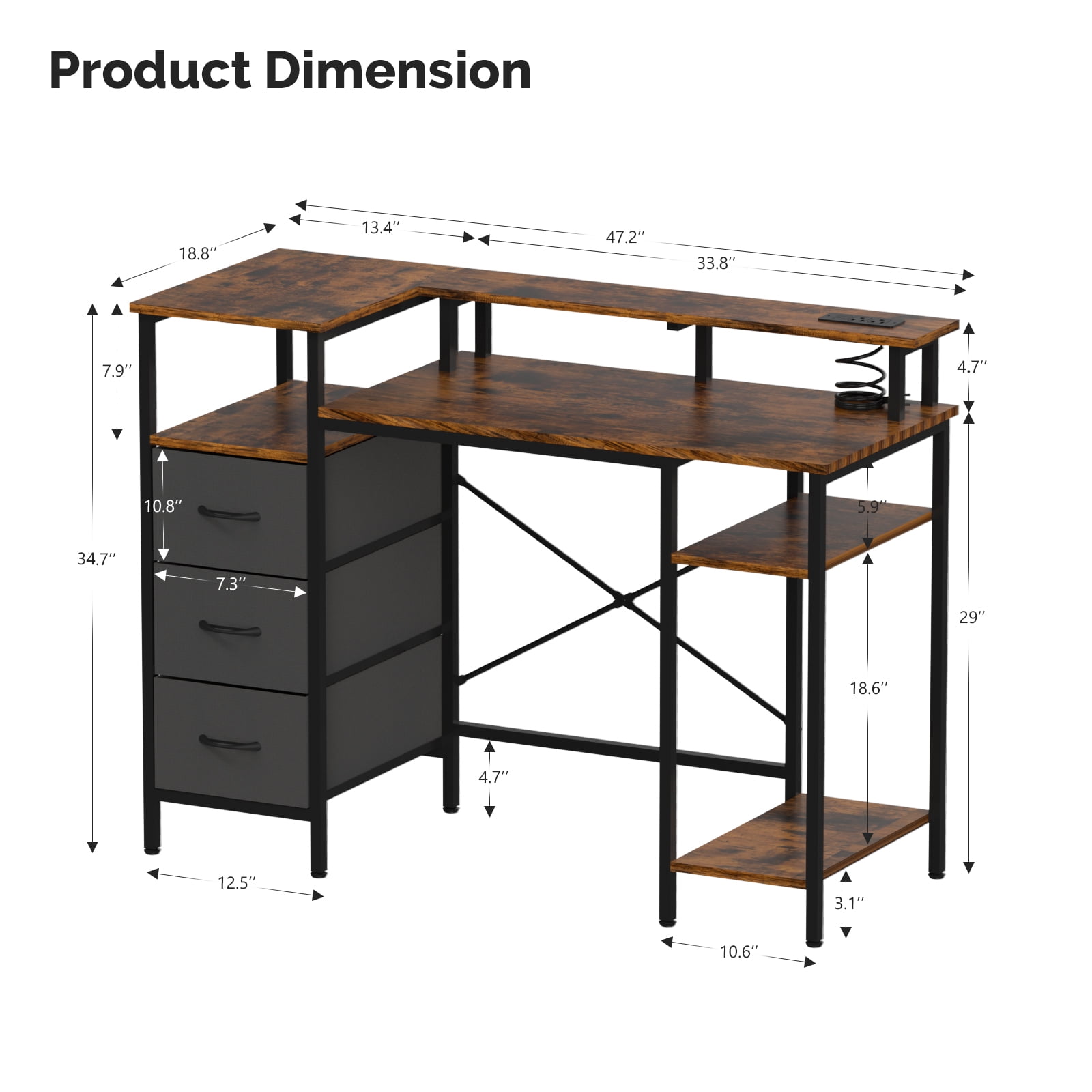 Ktaxon L-Shape Computer Desk with Charging Station 47 Inch Gaming Desk Concer PC Laptop Table with Drawers & Storage Shelves Workstation, Brown