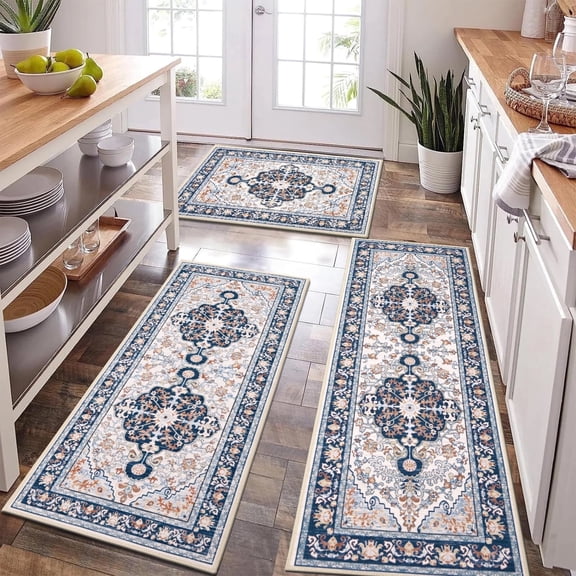 Kitchen Rug and Mat, Yamaziot Boho Kitchen Runner Rug Set of 3, Non Slip Washable Farmhouse Mat for Hallway Floor, Laundry Room