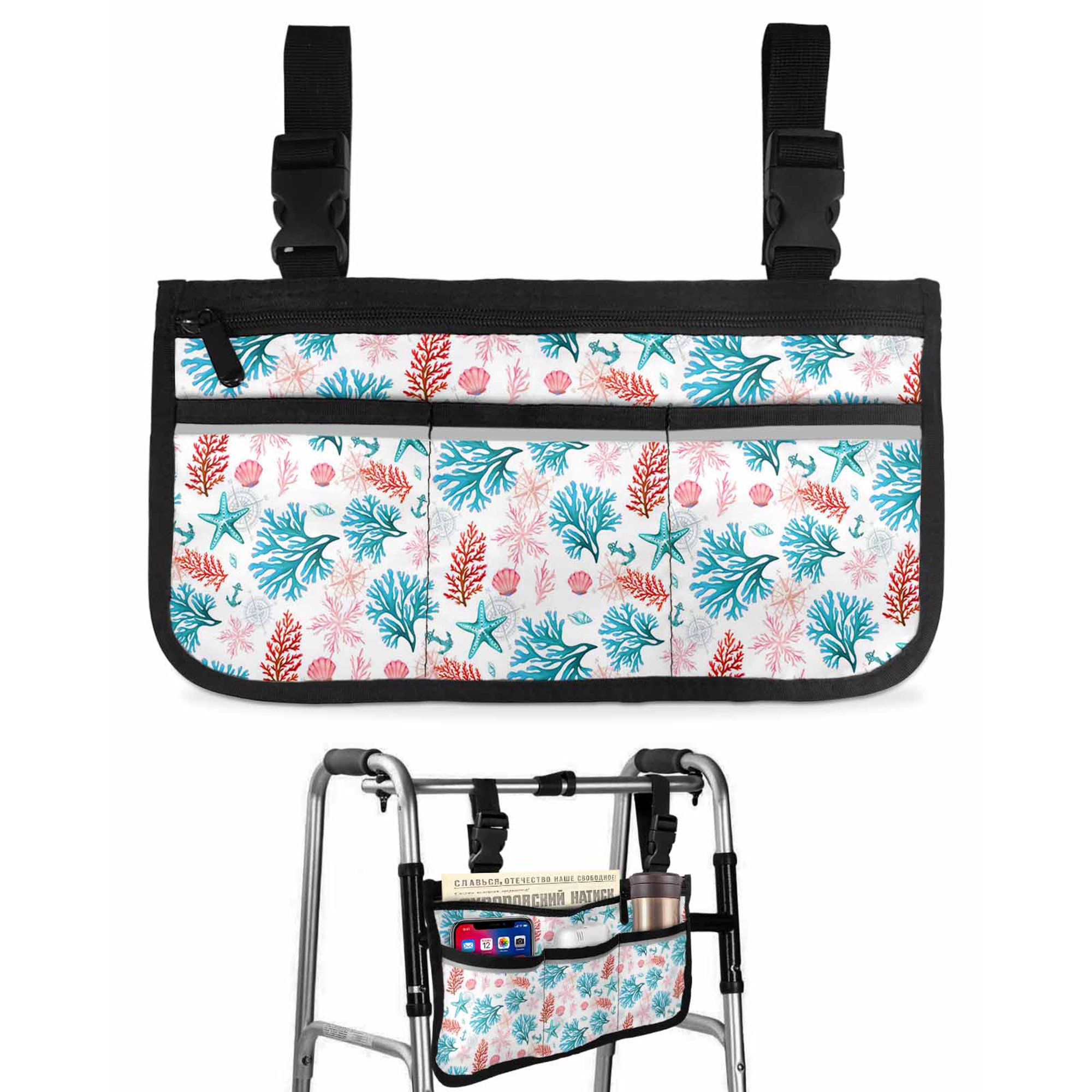 Coral Shell Wheelchair Side Bag with Cup Holder, Watercolor Pink Blue Red Coral Starfish Anchor Wheelchair Armrest Bag Storage Pouch Adults, Seniors for Walkers, Rollator, Scooter