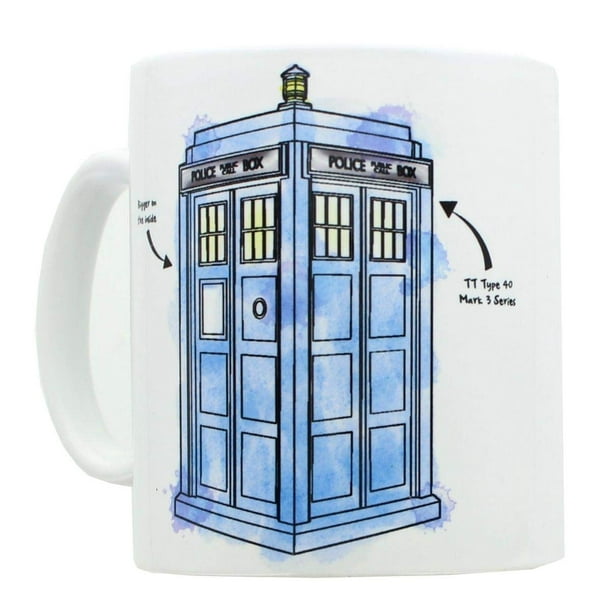 Taza Doctor Who con acuarela TARDIS, cerámica, color blanco