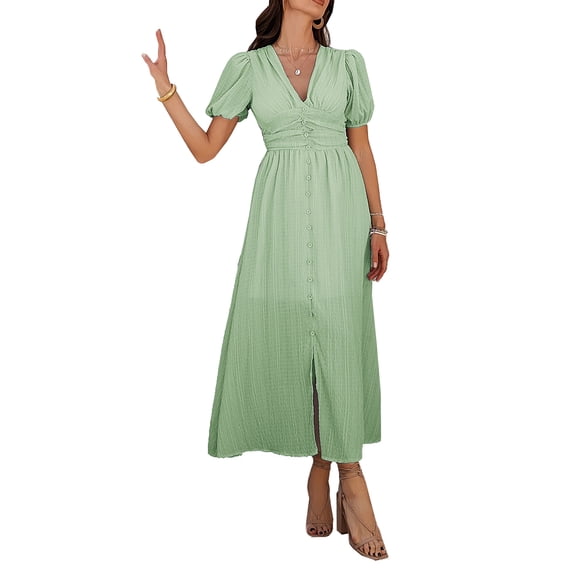 Krumba Women Boho Maxi Dress: Summer Smocked Button Waist Puff Sleeve Midi - Casual for Beach Party Vacation Green Size M