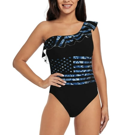 Uemuo Navy Camouflage American Flag Print Women s One Piece Swimsuit Asymmetrical Neck Bathing Suit One Shoulder Side Cutout Ruffle Swimwear-Large
