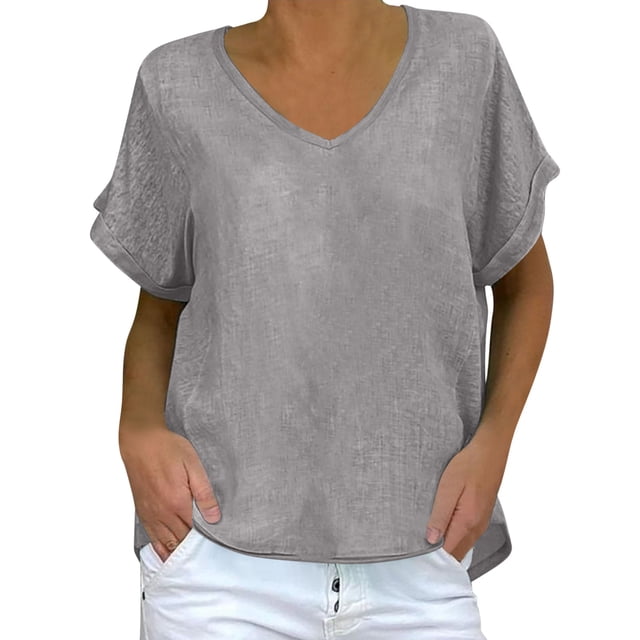Dvprdro Hauts d'Été en Imitation Coton et Lin pour Femmes T-Shirt à Manches Courtes Col en V Décontracté