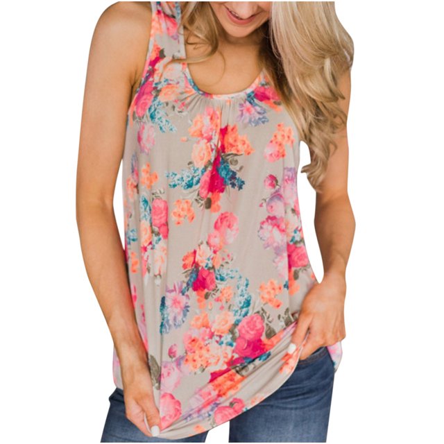 Pompotops Haut Tendance Mode Imprimé Col Rond Débardeur Décontracté Ample T-Shirt pour Femmes