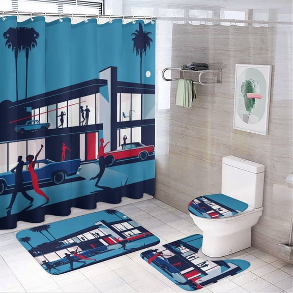 Illustration of People Dancing 4 Piece Shower Curtain Sets with Non-Slip Rugs Toilet Lid Cover And Bath Mat Bathroom Decor Set Mid Century Style Waterproof Personality Pattern Bath Curtain