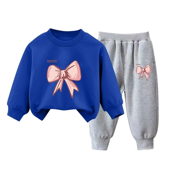 Zwiiyzr 2025 3-10Y Toddler Baby Boy Girl Clothes Warm Fleece Lined Bowknot Print Long Sleeve Sweatshirt Tops and Pants Winter Fall Clothing Set Blue