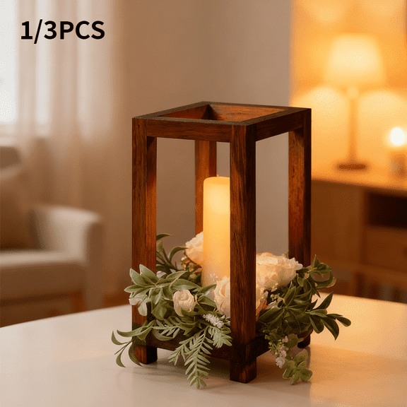1 or 3pcs Rustic Wooden Lantern Candle Holders Set, Farmhouse Floor Lantern with Detachable Candles, Vintage Wood Decorative Lantern for Wedding Table Centerpiece, Holiday Home Decor Gift