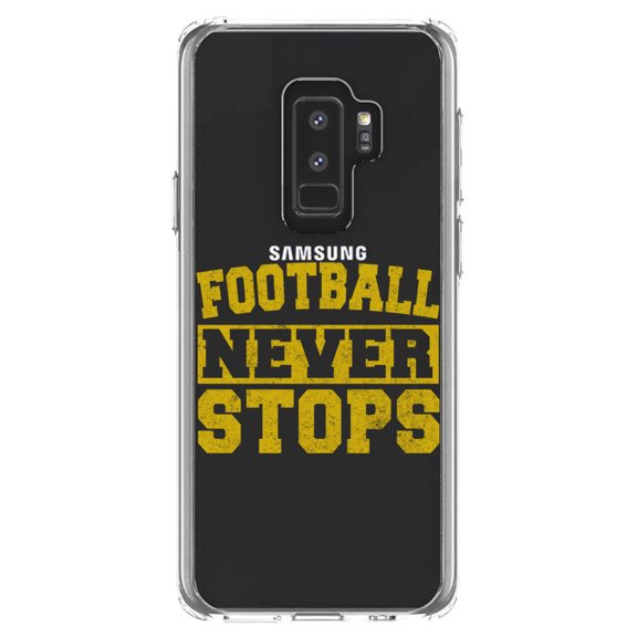 DistinctInk Clear Shockproof Hybrid Case for Samsung Galaxy S9  PLUS (6.2" Screen) - TPU Bumper Acrylic Back Tempered Glass Screen Protector - Football Never Stops