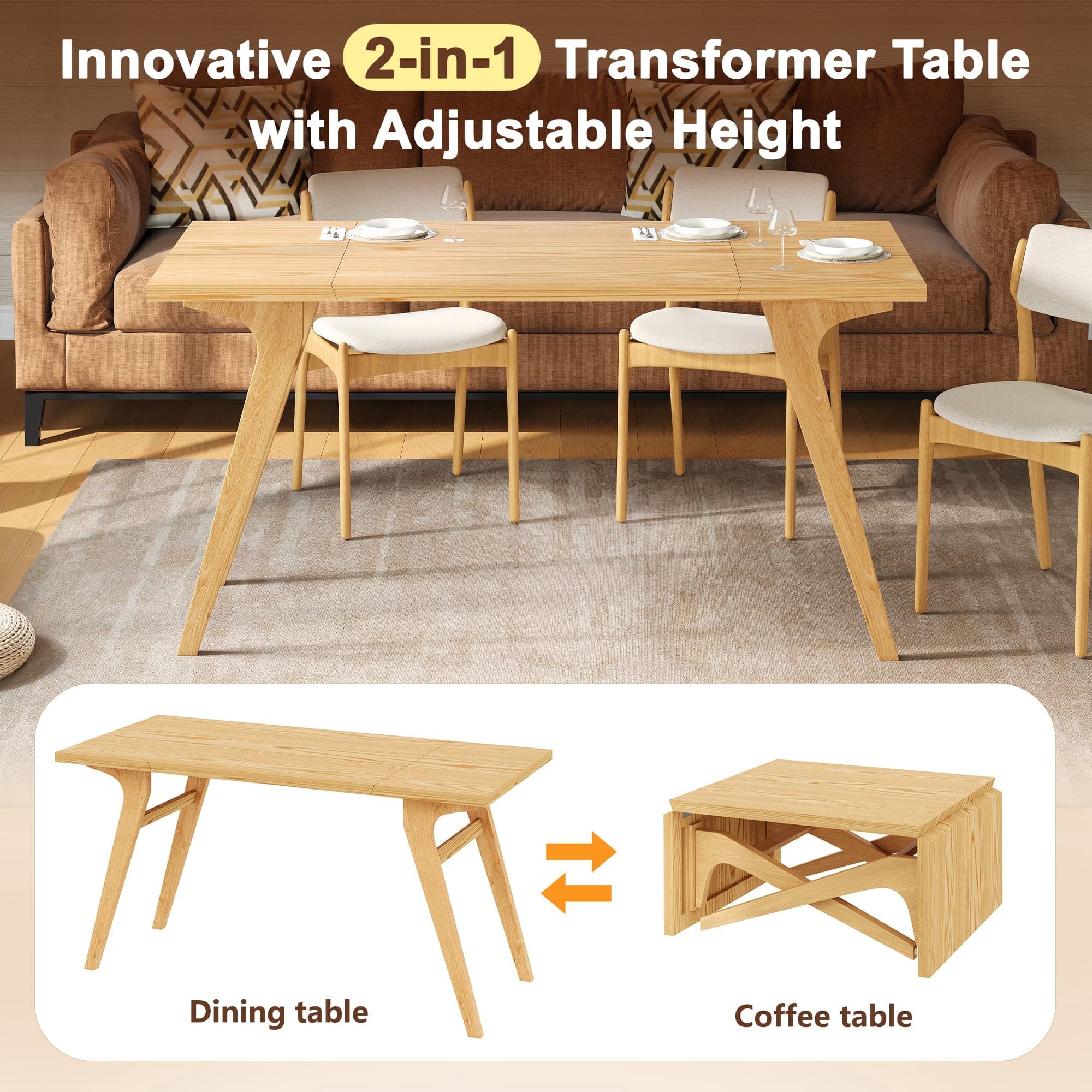 Aukfa 59.5" Rectangle Lift Top Expandable Dining Table, 2-in-1 Solid Wood Coffee Table, Convertible Table for Small Spaces,