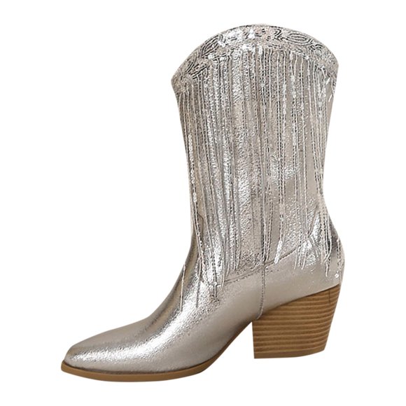 WEAIXIMIUNG Short Boots Women Dressy Cowboy Solid Color Silver Fashion Women Mid Calf Boots Pointed Toe High Heel Square Heel Tassel Boots