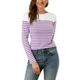 thumbnail image 5 of MODA NOVA Juniors Color Block Long Sleeve Striped Causal T-Shirt White Purple M, 5 of 6