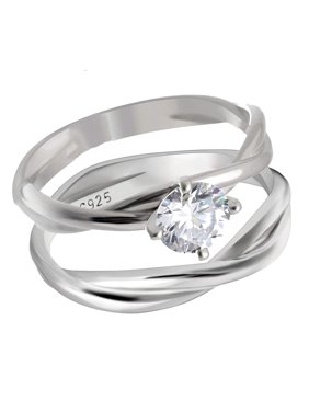 Aurora Sterling Silver Solitaire Engagement and Wedding Band Bridal Ring Set Ginger Lyne Collection