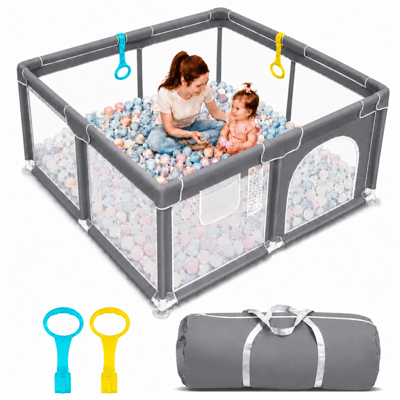 47*47Durable Playpen for Babies - Portable Toddler Playpen with Soft Breathable Mesh, for Indoor and Outdoor Use(Playpen Only (No Anti-Slip Mat), Grey)