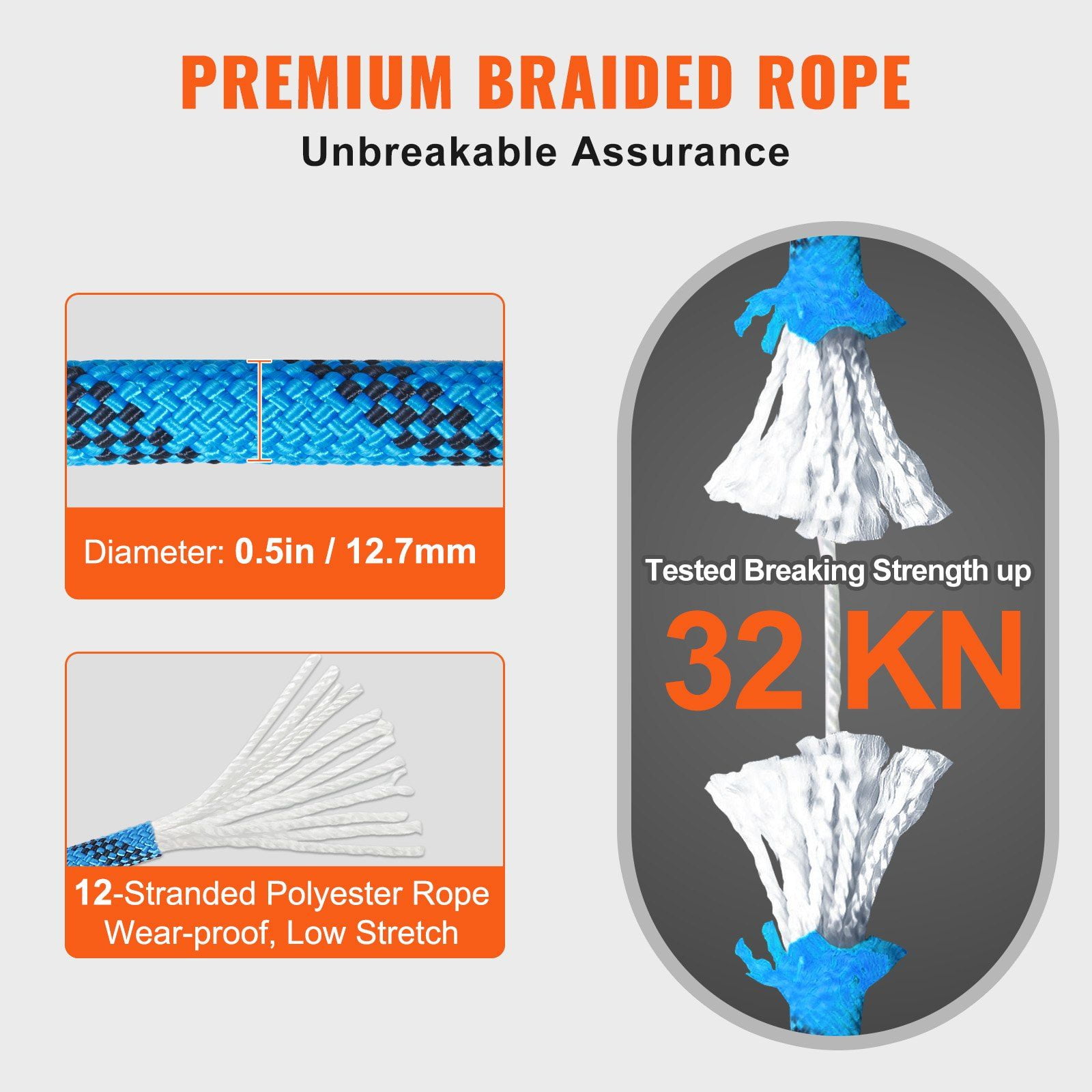 12.7mm Static Climbing Rope 38M 125ft 30KN Breaking Tension Fiber Rope with Steel Snap Hooks for Escape Rappelling Fire Rescue Blue