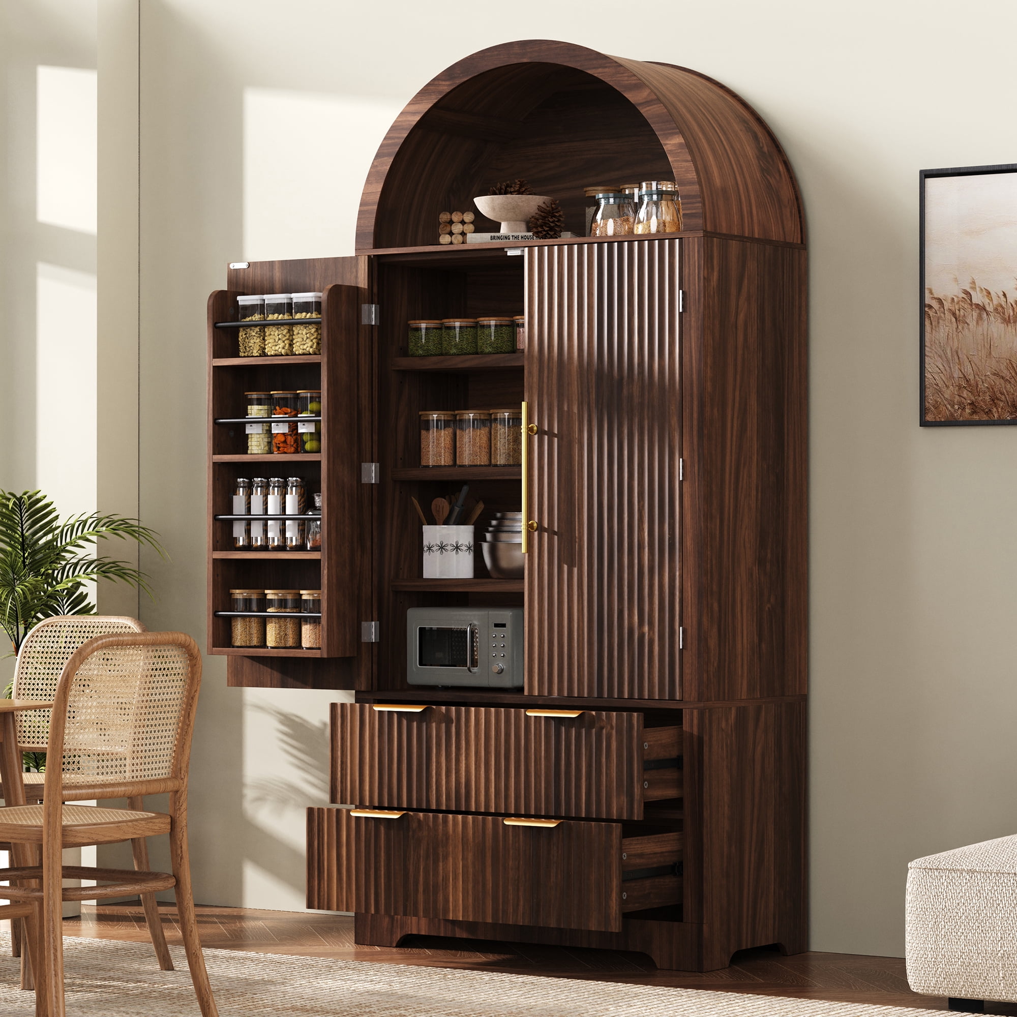 Euroco 72" Tall Arched Kitchen Pantry Cabinet, Wood Kitchens Storage Cabinets with 2 Large Drawers & 8 Adjustable Door Shelves,Mid Century Modern Cupboard Organizer for Dining Room,Walnut