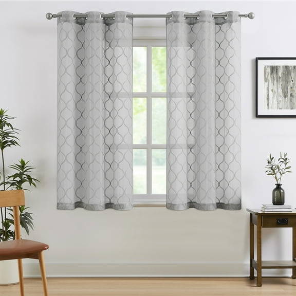 Pinewave Gray Sheer Curtains Geometric Embroidered Light Filtering Window Panels for Living Room Grommet Top W38 xL54 x2