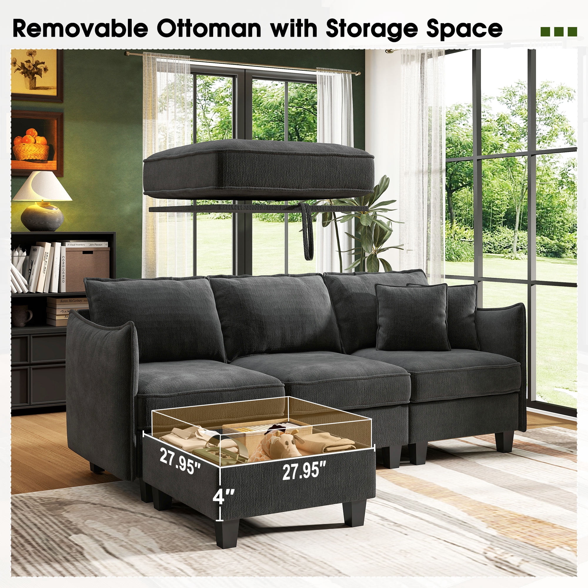 BedLuxury 84” Modular Sectional Sofa with Moveable Storage Ottoman, Cloud Couch Seats 4, Modern Living Room Furniture, Chenille Black