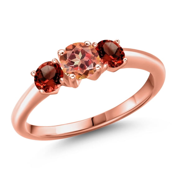 Gem Stone King 18K Rose Gold Plated Silver Ecstasy Mystic Topaz and Red Garnet Engagement Ring for Women | 1.74 Cttw | Round 5MM | Gemstone November Birthstone | Size 5
