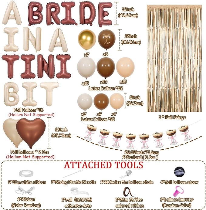 A Bride in A Tiny Bit Balloons Martini Cup Banner Foil Balloon Fringe Curtain with Balloon Garland Arch Kit Espresso Martini Bridal Shower Decorations for Women Bachelorette Party Engagement Supplies