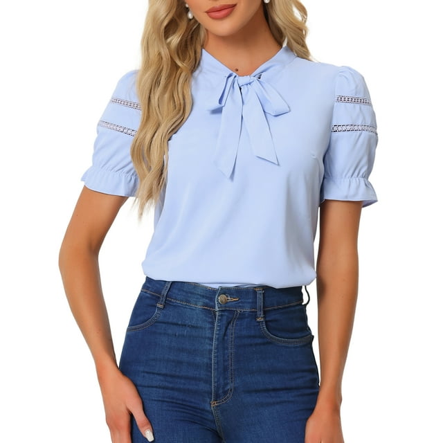 INSPIRAR CHIC Blusa de manga corta con volantes y cuello de lazo para mujer, color azul, talla S