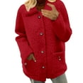 thumbnail image 2 of Women's Lapel Collar Fleece Jacket, Button Down Winter Coat, Long Sleeve Casual Outerwear, Trendy Winter Jacket with Pockets, Warm Fleece Coat, Faux Wool Jacket, Casual Chic Coat Red L, 2 of 5