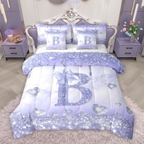 Homewish Bling Bowknot Monogrammed Twin Bedding Sets 7-Piece, Purple Initial B Letter Bedding Comforter Set, Dreamy Princess Style Reversible Sheet Sets, Ultra Soft Bedroom Decor