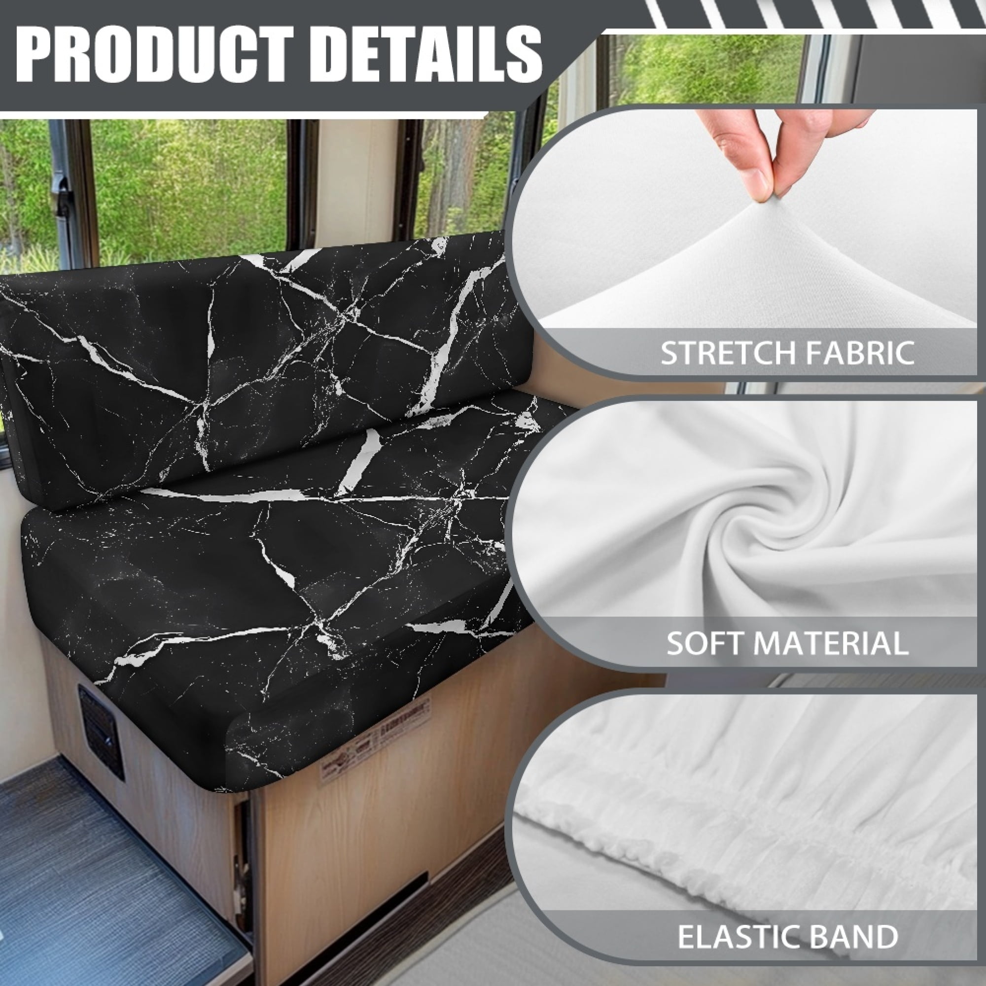 Yuyamidu Black Marble Print RV Dinette Cushion Covers Stretch RV Couch Cover Replacement for RV Camper Car Bench 1 Backrest Covers and 1 Bench Covers