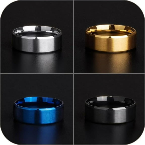 4 Pcs 8 MM Width Mens Rings, Stainless Steel Wedding Bands for men, Gold Silver Black Blue Brushed Finish Beveled Edges Comfort Fit 6-15
