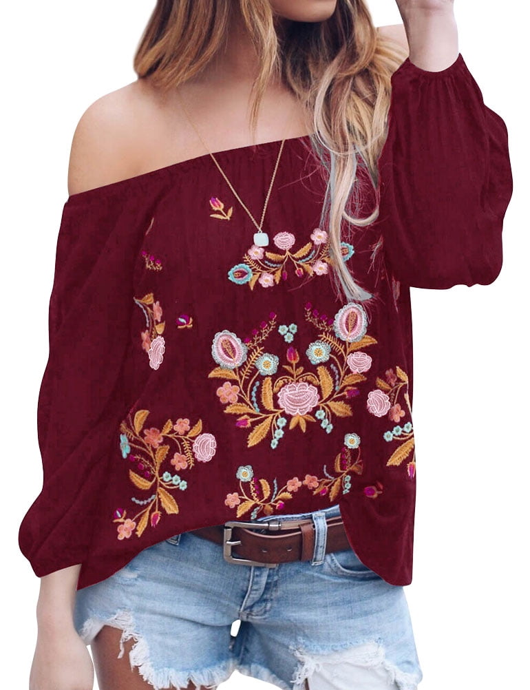 TWY Women Off the Shoulder Floral Shirt Long Sleeve Blouse