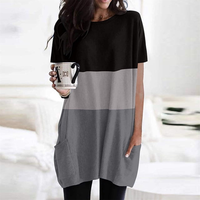 Gspmoly Robes pour Femmes, Robe Tunique Longue Décontractée Légère à Manches Courtes et Coupe Ample avec Poches pour Femmes, Robes Habillées pour Femmes Offres des Fêtes