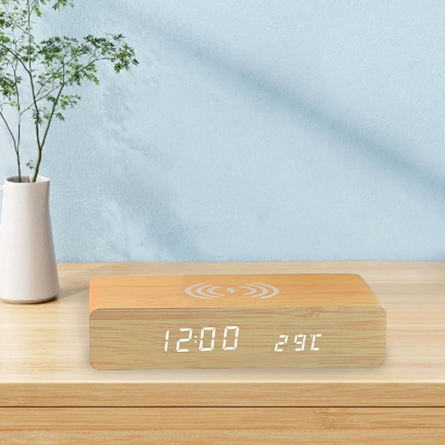 Reloj Despertador con Función de Carga, Pantalla LED, Función de Memoria, Multifuncional, Tres Configuraciones de Alarma, para Regalo, Hotel, Dormitor Bambú