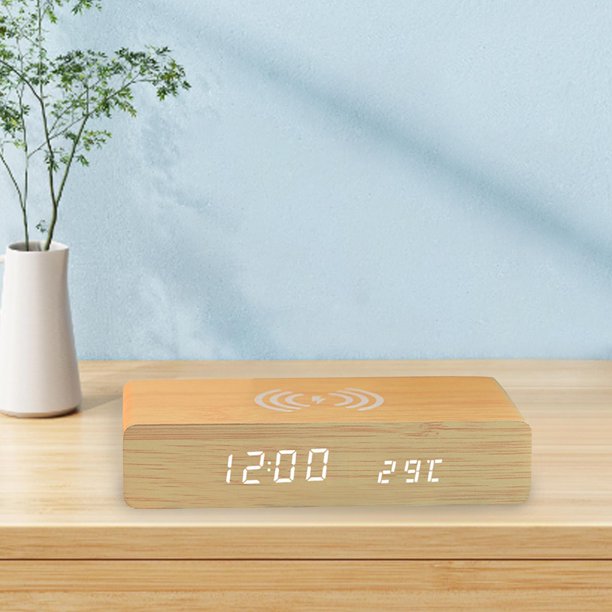 Reloj Despertador con Función de Carga, Pantalla LED, Función de Memoria, Multifuncional, Tres Configuraciones de Alarma, para Regalo, Hotel, Dormitor Bambú