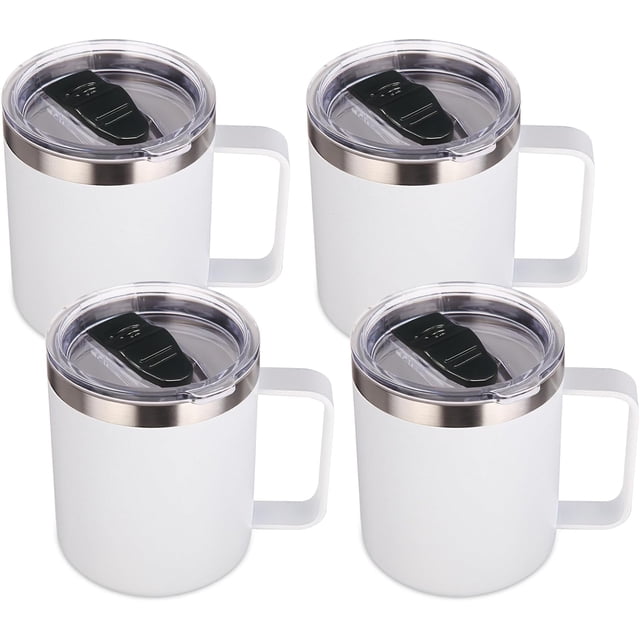 Volhoply Tasse à Café en Acier Inoxydable Isolée 14oz avec Couvercle en Vrac, Lot de 4, Tasse à Café de Voyage à Double Paroi sous Vide avec Poignée, Gobelet Tasses en Métal Réutilisables, Tasses de Camping Gardent au Chaud, Cadeaux de Noël (Blanc, 4)