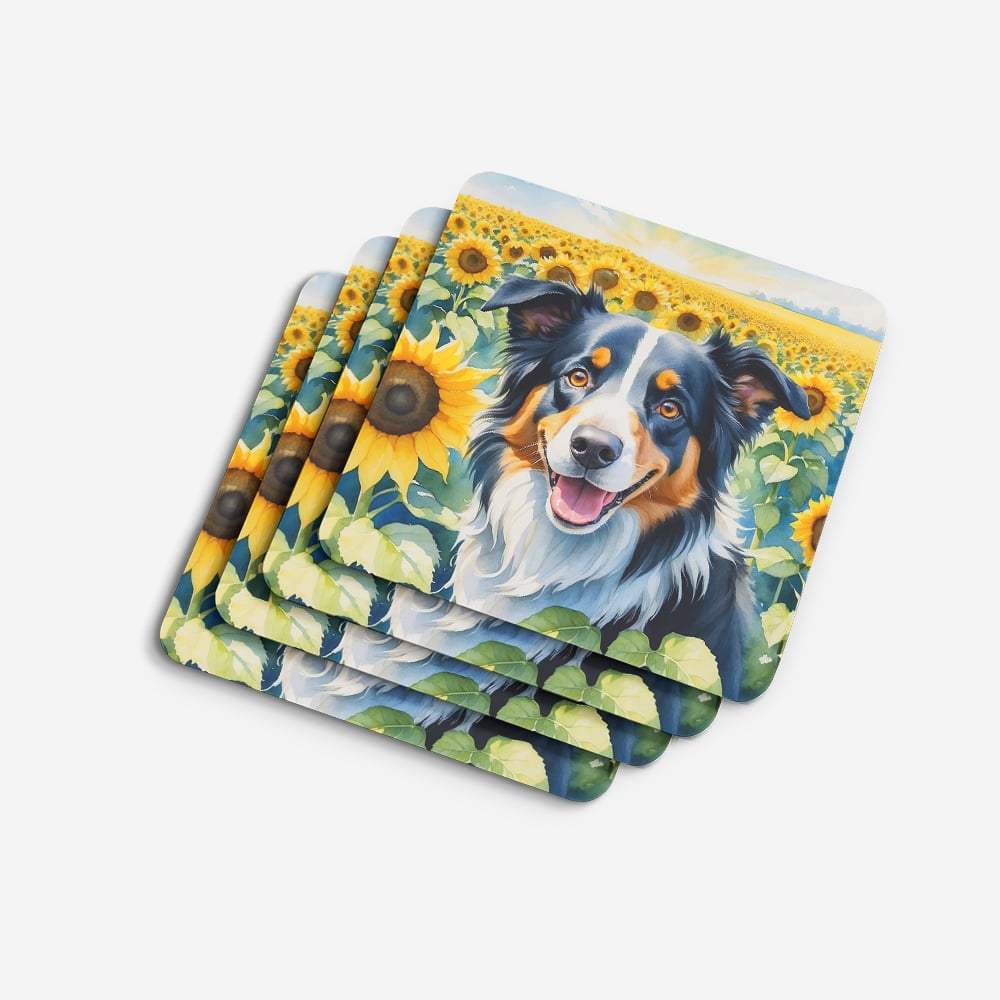 Border Collie in Sunflowers Foam Coasters 3.5 in x 3.5 in