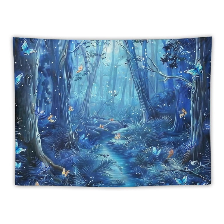 Jiayy Wall Tapestry, Psychedelic Blue Wonderland Butterfly Tree