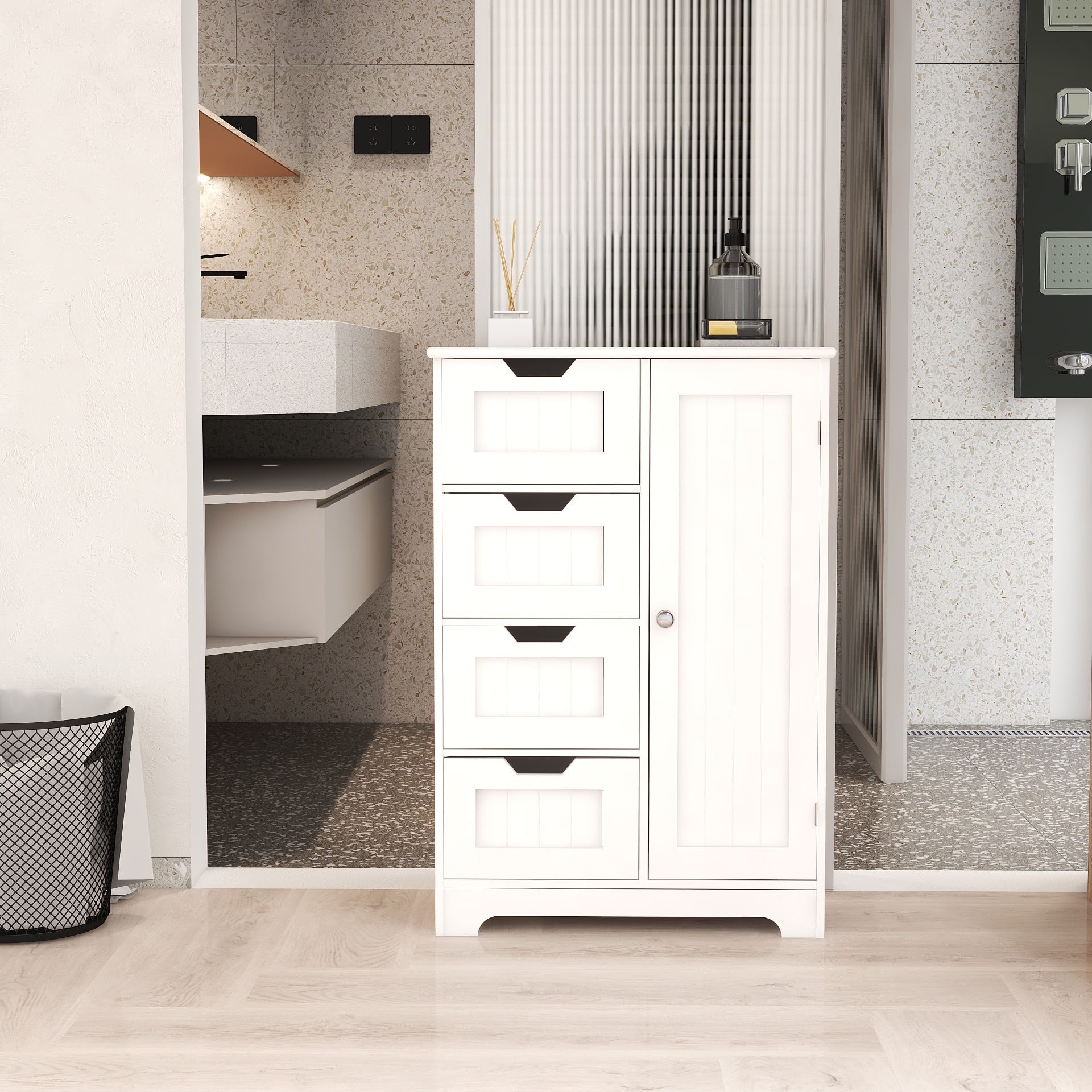 White freestanding floor storage cabinet with adjustable shelve