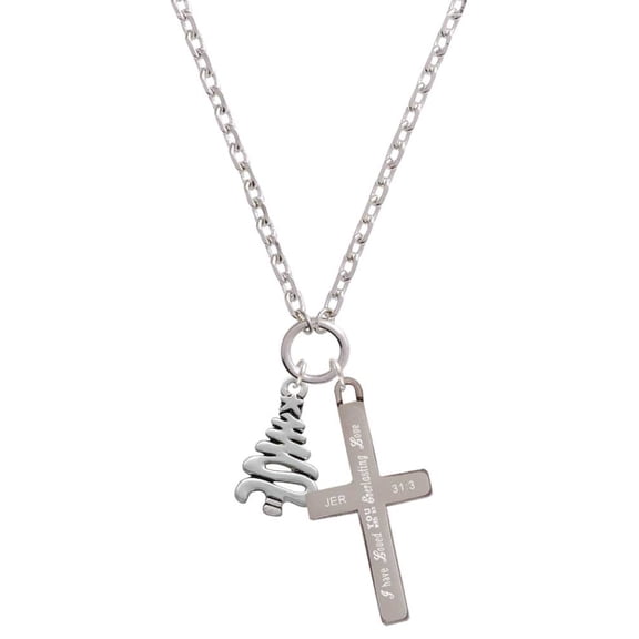Delight Jewelry Silvertone Christmas Tree Zig Zag Everlasting Love Engraved Cross Zoey Necklace, 28"
