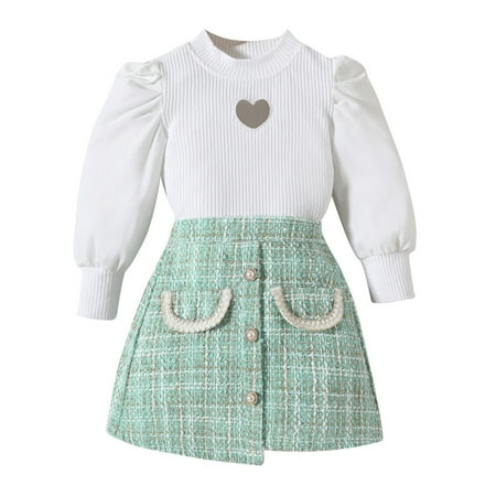 

Baby Clothes For Girls Kids Long Sleeve Puff Sleeve Ribbed T Shirt Tops Button Plaid Skirts 2Pcs Baby Girl Clothing Set 2-3 Years