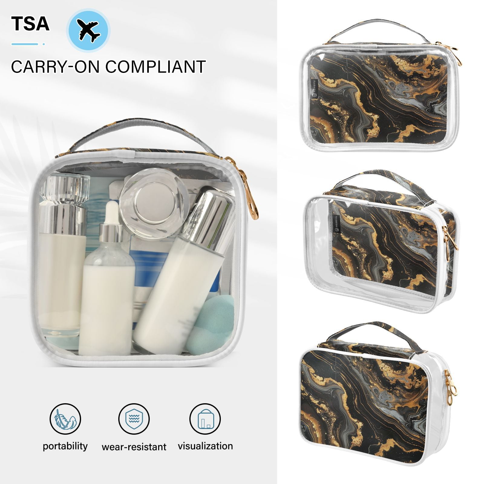 Clear Makeup Bags with Handle Large Opening 2 Pack Set Toiletry Bag Quart Size Bag, for Women Man Traveling Travel Essentials, Toiletries and Other. Marble Pattern Black Gold