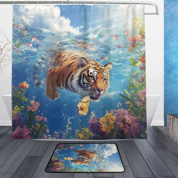 BZSMCE Shower Curtain and Bath Accessory Set,Tiger’s Floral Splash Pattern