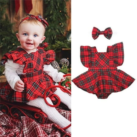 

Infant Baby Girls Fly Sleeve Square Collar Plaid Romper Skirt Bow Headband 2Pcs Outfits Christmas Clothes Set