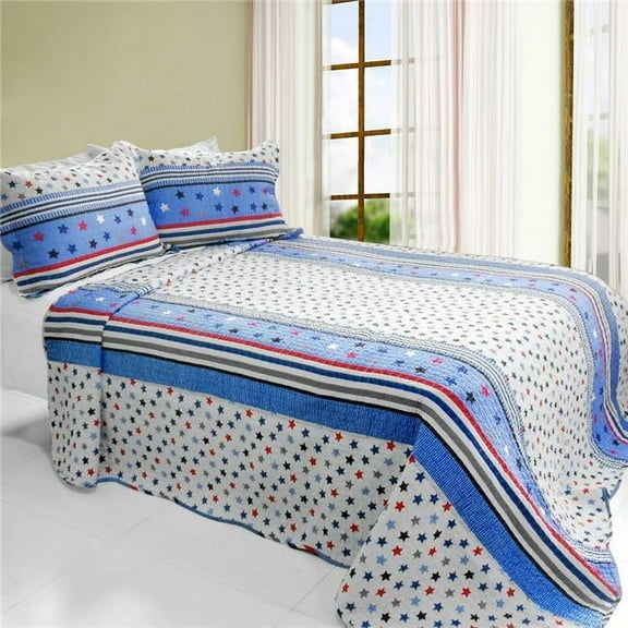 QTS-WBMZR-124-23 Multicolor Star 3 Pieces Cotton Vermicelli-Quilted Printed Quilt Set  Full & Queen Size - Multicolor