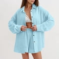 thumbnail image 2 of 2 Piece Linen Outfits for Women Fall Spring Long Sleeve Button Up Shirt and Elastic Waist Shorts Set Travel Clothes (XL, Sky Blue), 2 of 7