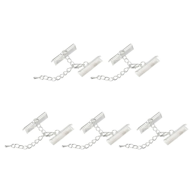Unique Bargains 10Set Ribbon Crimp Clamp Ends Lobster Claw Clasps & Chain 25mm Silver White for DIY